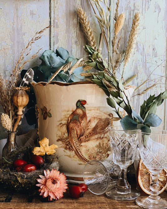 Antique Staffordshire Pheasant Gilt Adornment Plant Pot / Dish