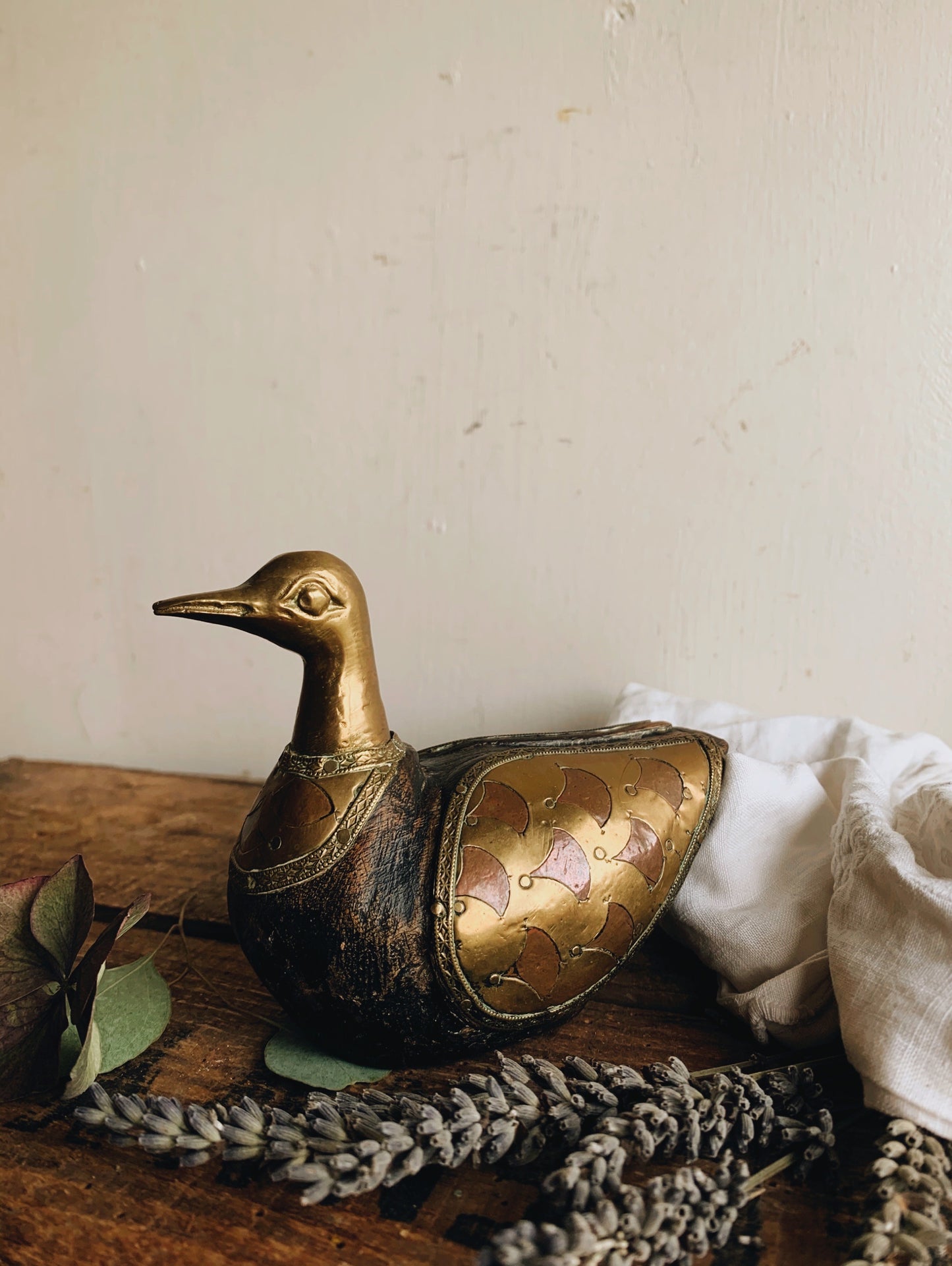 Antique Wooden Hand Carved Decorated Duck With Brass Copper