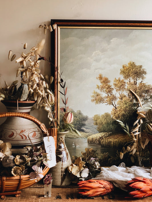 Vintage Rustic River (swan) Painting ~ signed P. Wilson (UK SHIPPING ONLY)