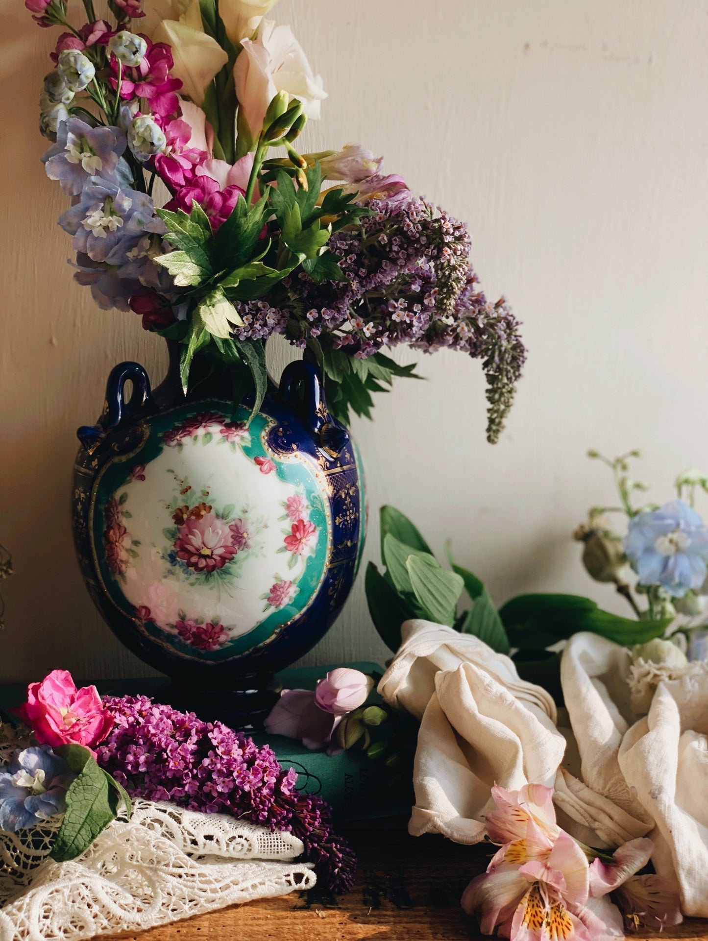 Antique Decorative Three Handled Vase with Gilt Detailing & Florals