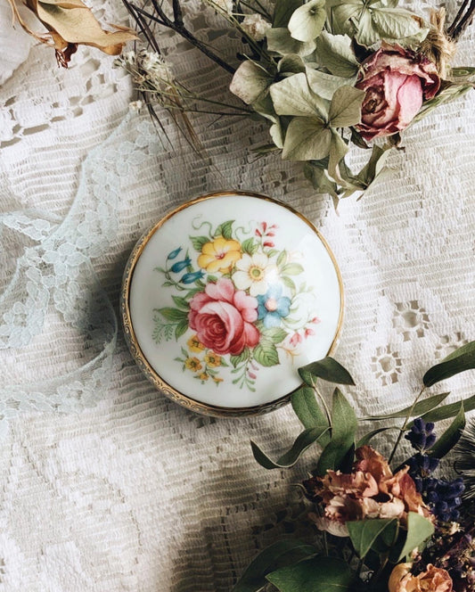 Vintage French Rose Porcelain Trinket Pot