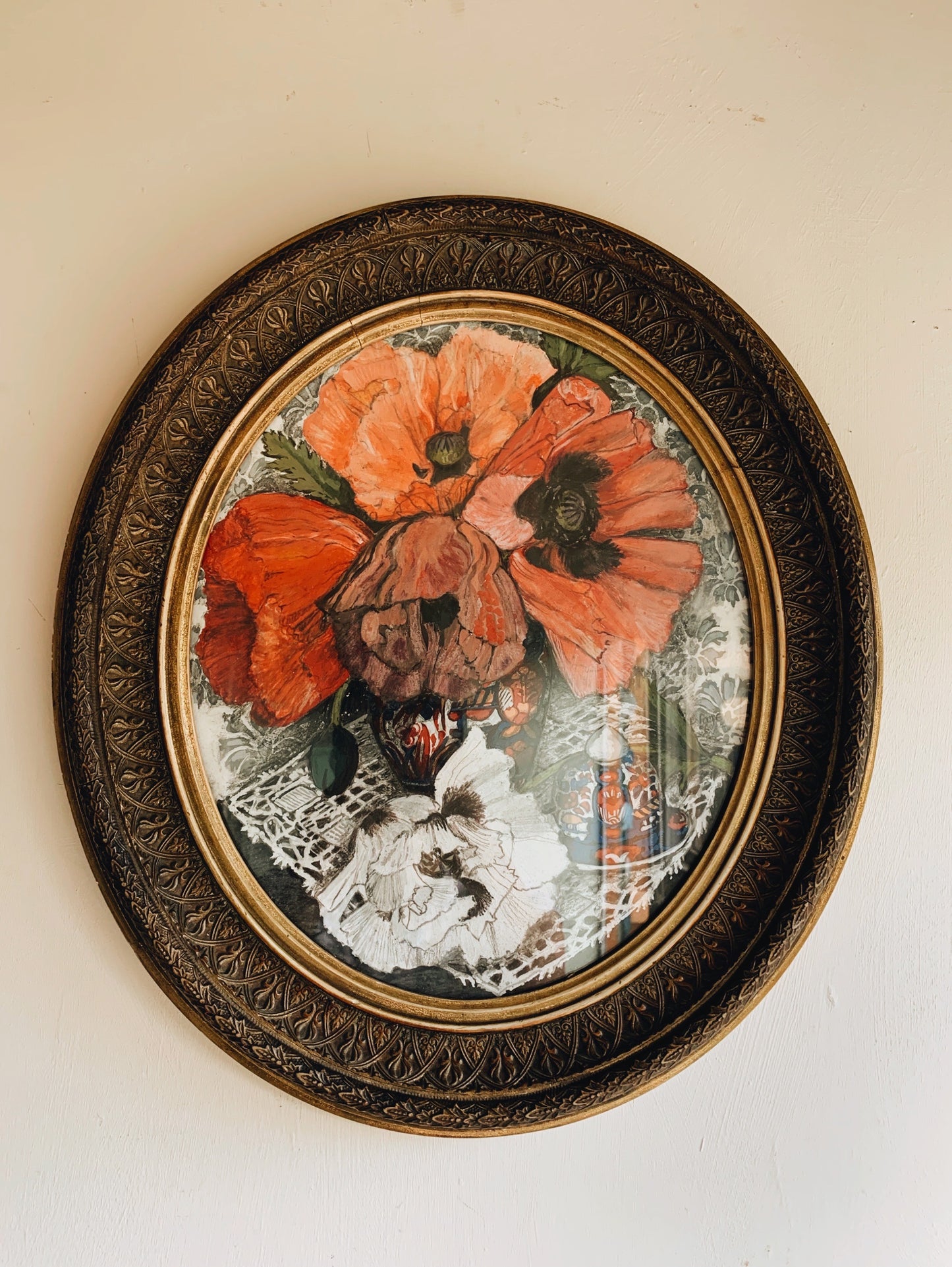 Antique Poppy Mixed Media Art in Wooden Frame