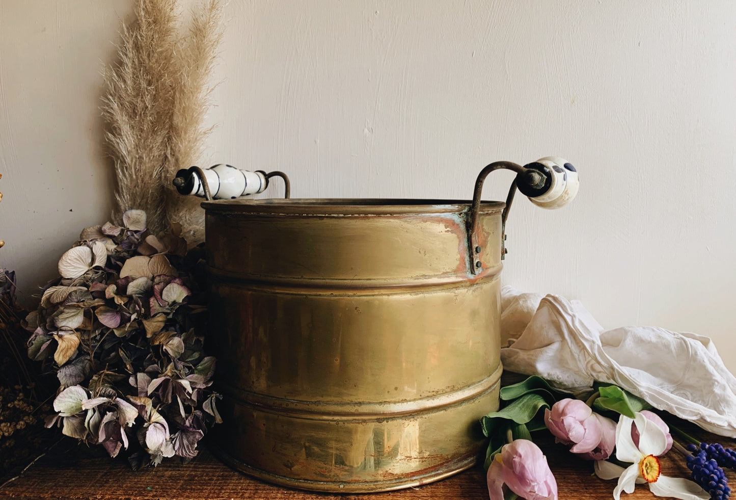 Large Antique Brass (planter) Bucket with Ceramic Floral Handles (lots of patina and rustic charm UK SHIPPING ONLY)