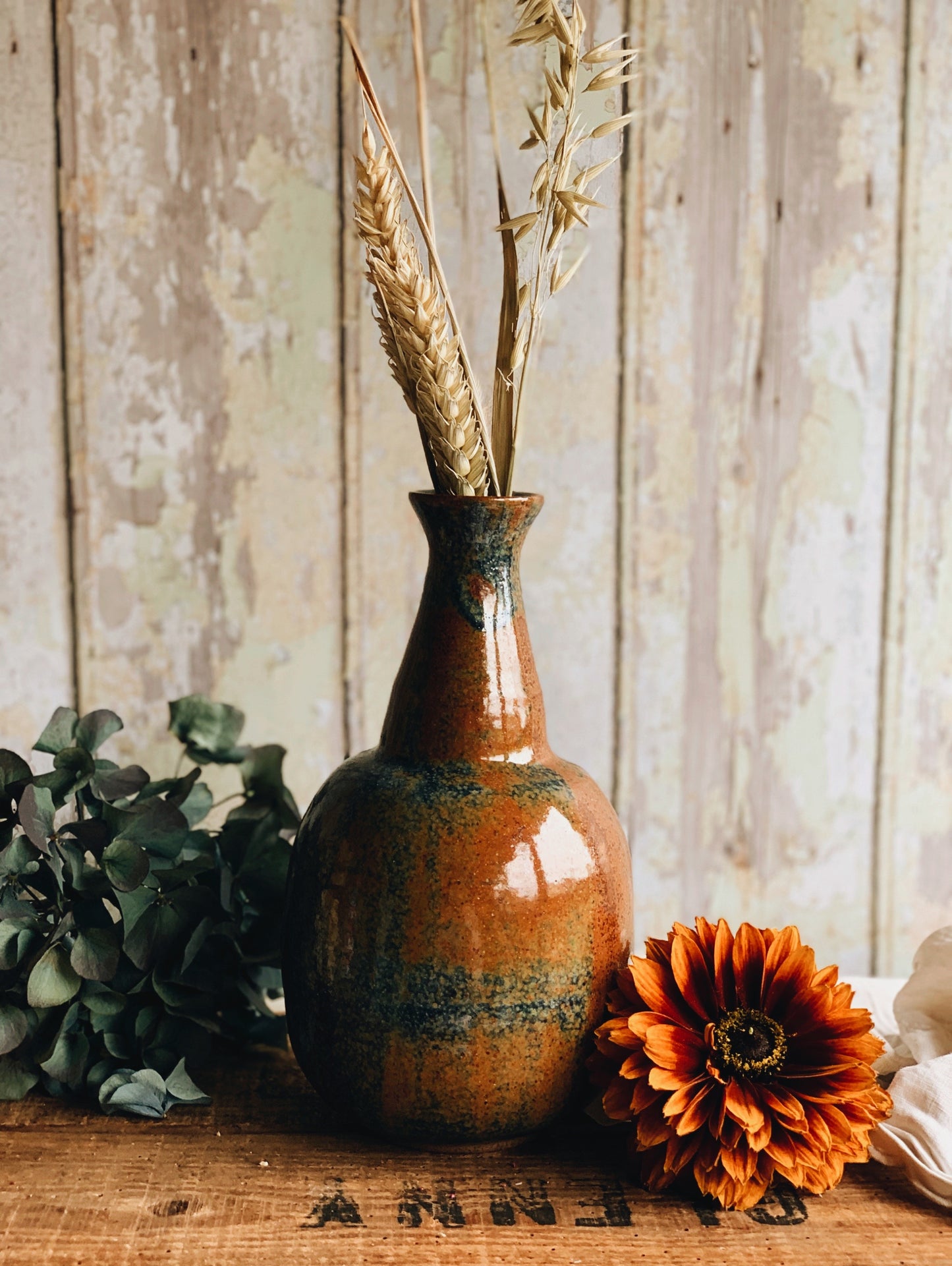Rustic Turquoise & Burnt Orange Speckle Ceramic Bottle