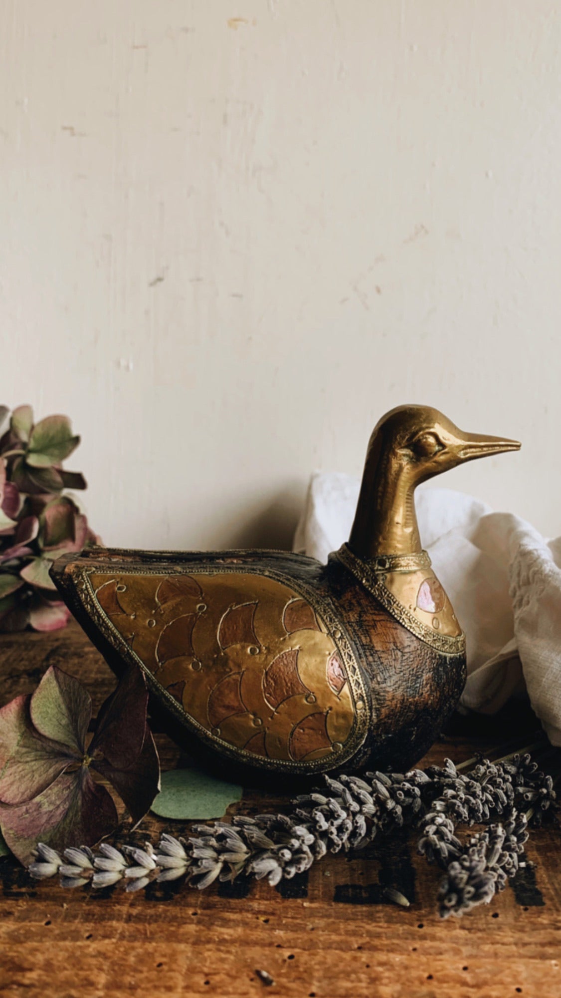 Antique Wooden Hand Carved Decorated Duck With Brass Copper