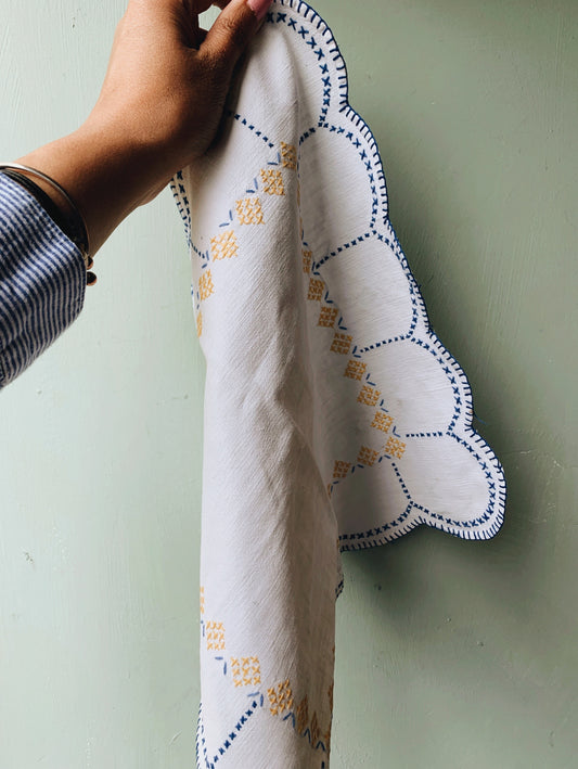 Vintage French Floral Embroidery Linen Cloth