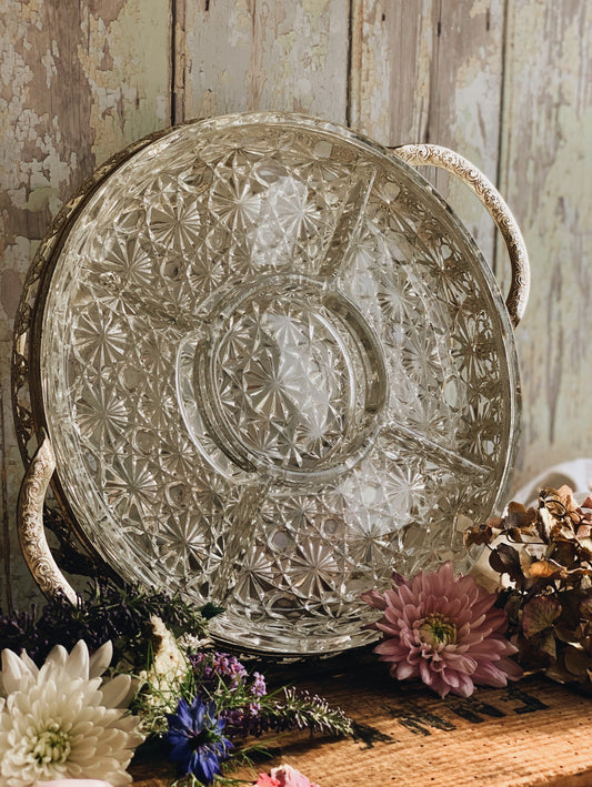 Vintage Silver (plated) Decorative Serving Dish ~ Glass inlay (UK SHIPPING ONLY)