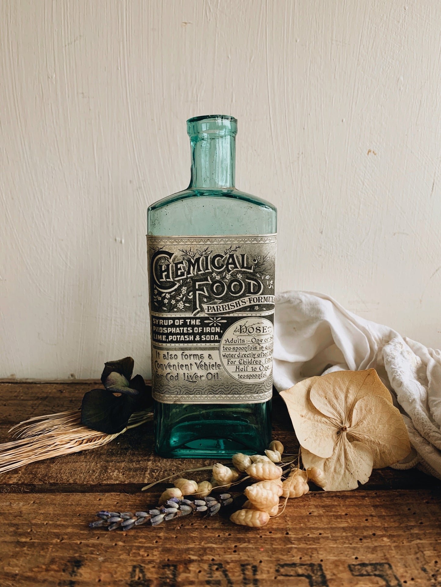 Antique Syrup of Iron (chemical food) Apothecary Aqua Blue Bottle