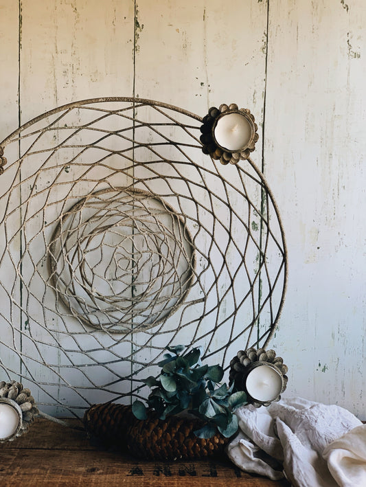 Rustic Metal Basket Adorned with Four Pinecone Candle Holders (UK SHIPPING ONLY)
