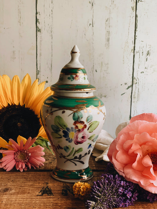 Vintage Portuguese Green Floral Ginger Jar