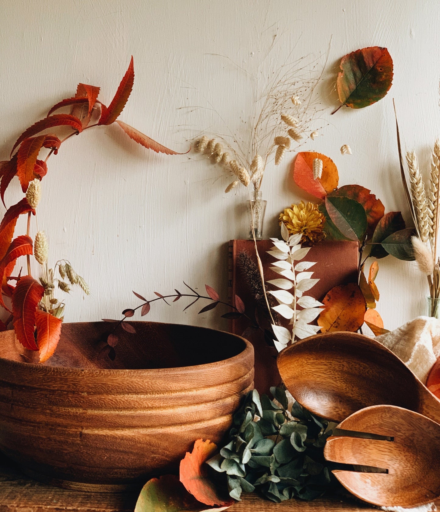Large Rustic Wooden Bowl with Spoon & Fork (UK SHIPPING ONLY)