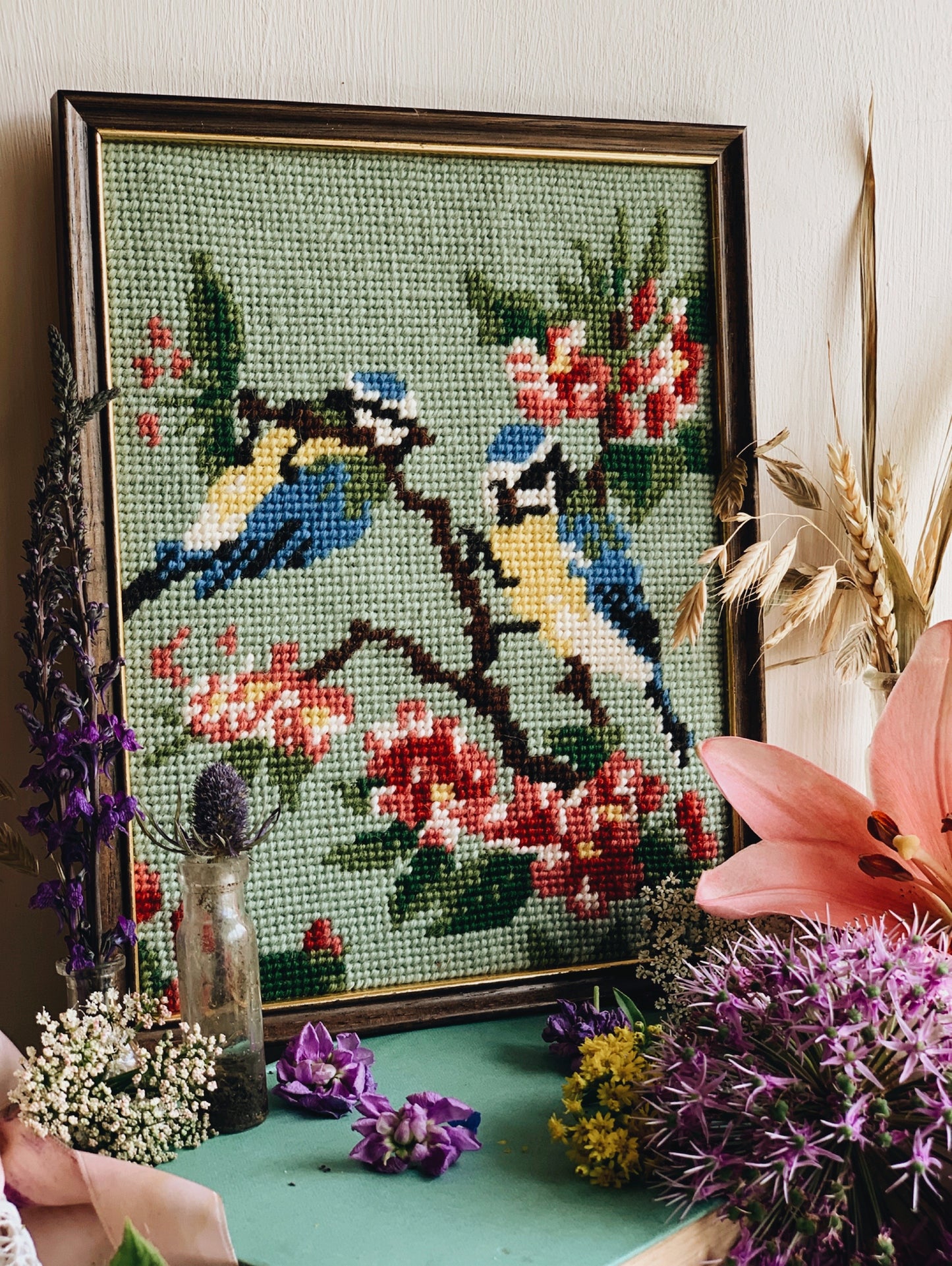 Vintage 1980’s Blue Tit Hand~embroidery Artwork