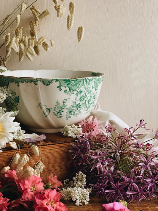 Antique Green Floral Scalloped Bowl