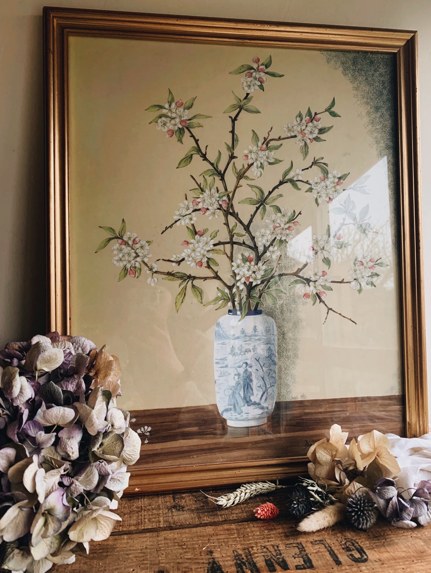 Vintage Blossom in Oriental Vase ~ mixed media