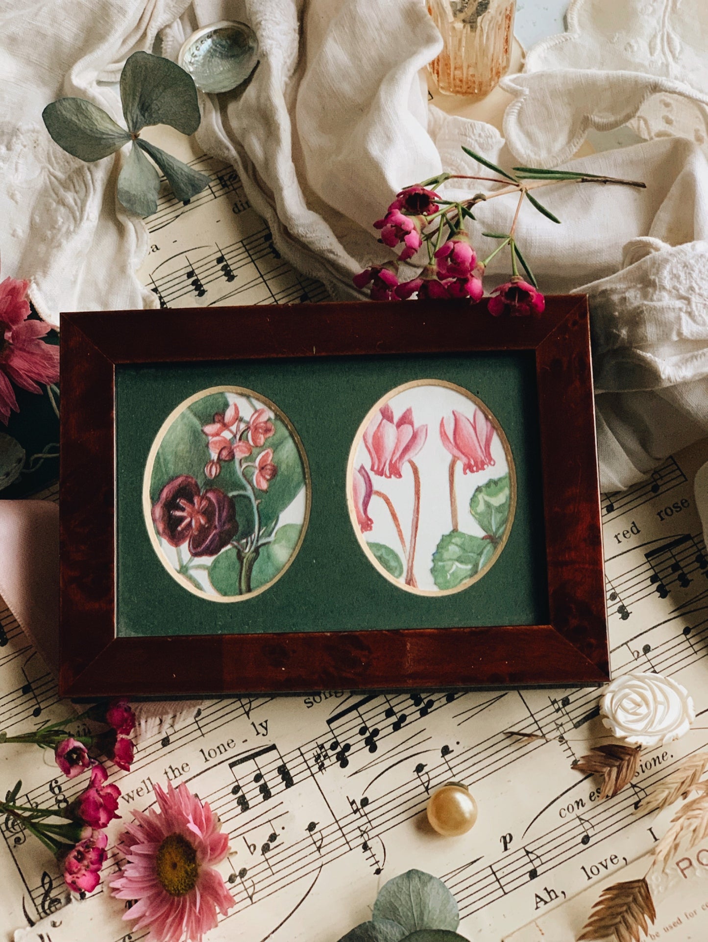 Vintage Wooden Double Framed with Two 1960’s Floral Bookplates