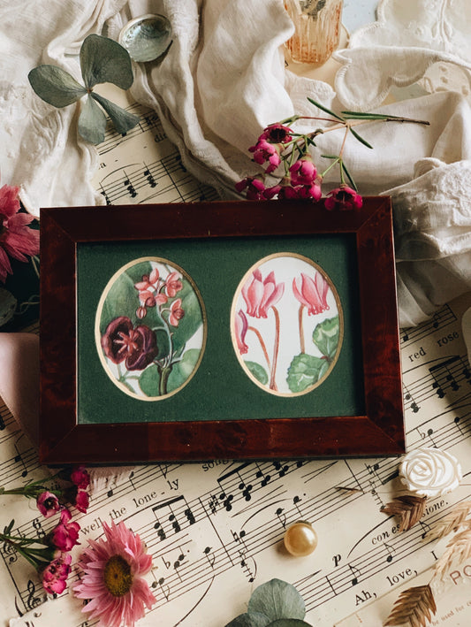 Vintage Wooden Double Framed with Two 1960’s Floral Bookplates