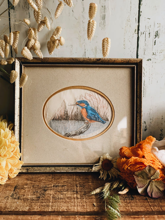Vintage Silk Kingfisher Embroidery Framed