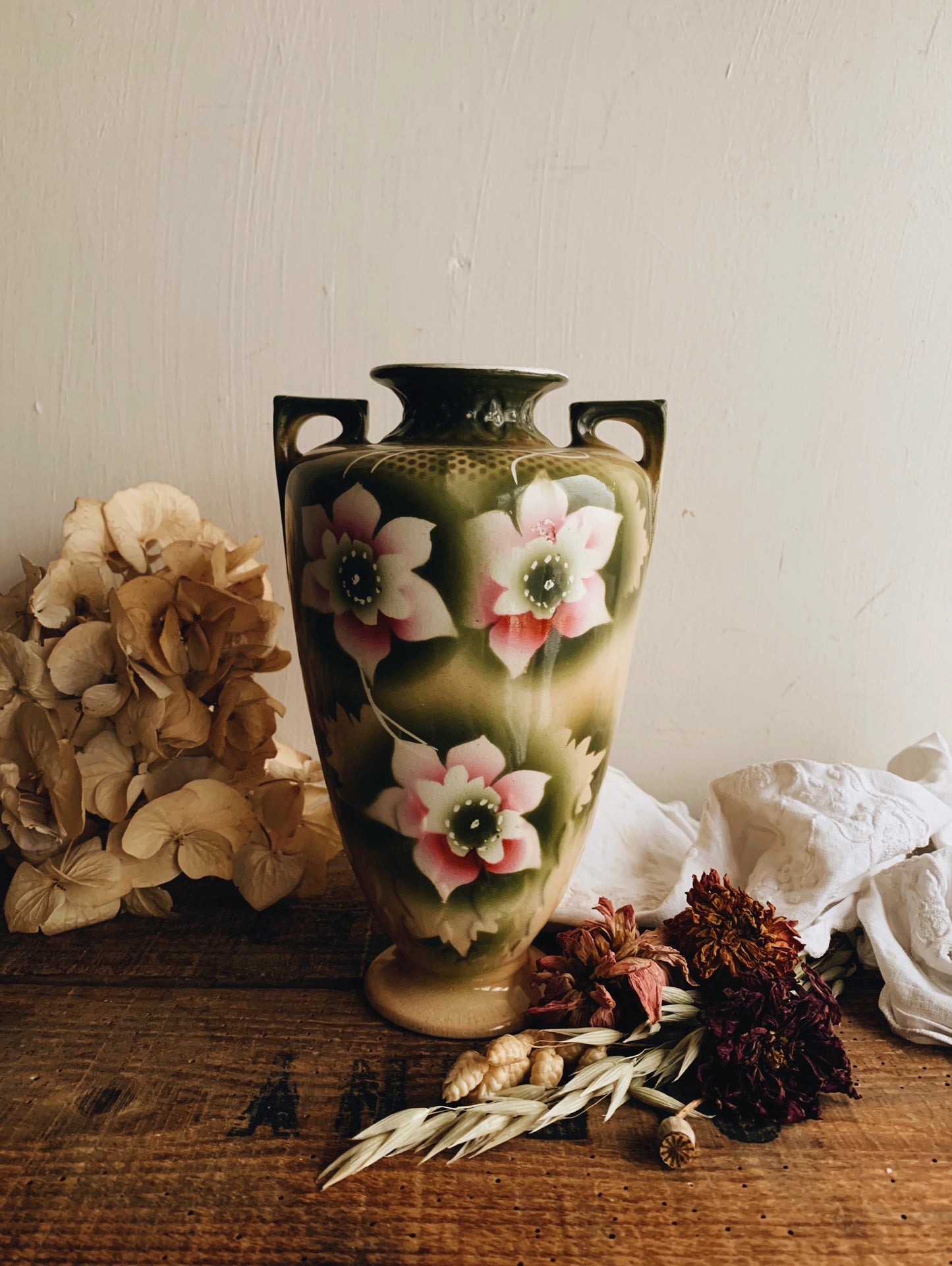 Vintage Floral Green Urn Vase