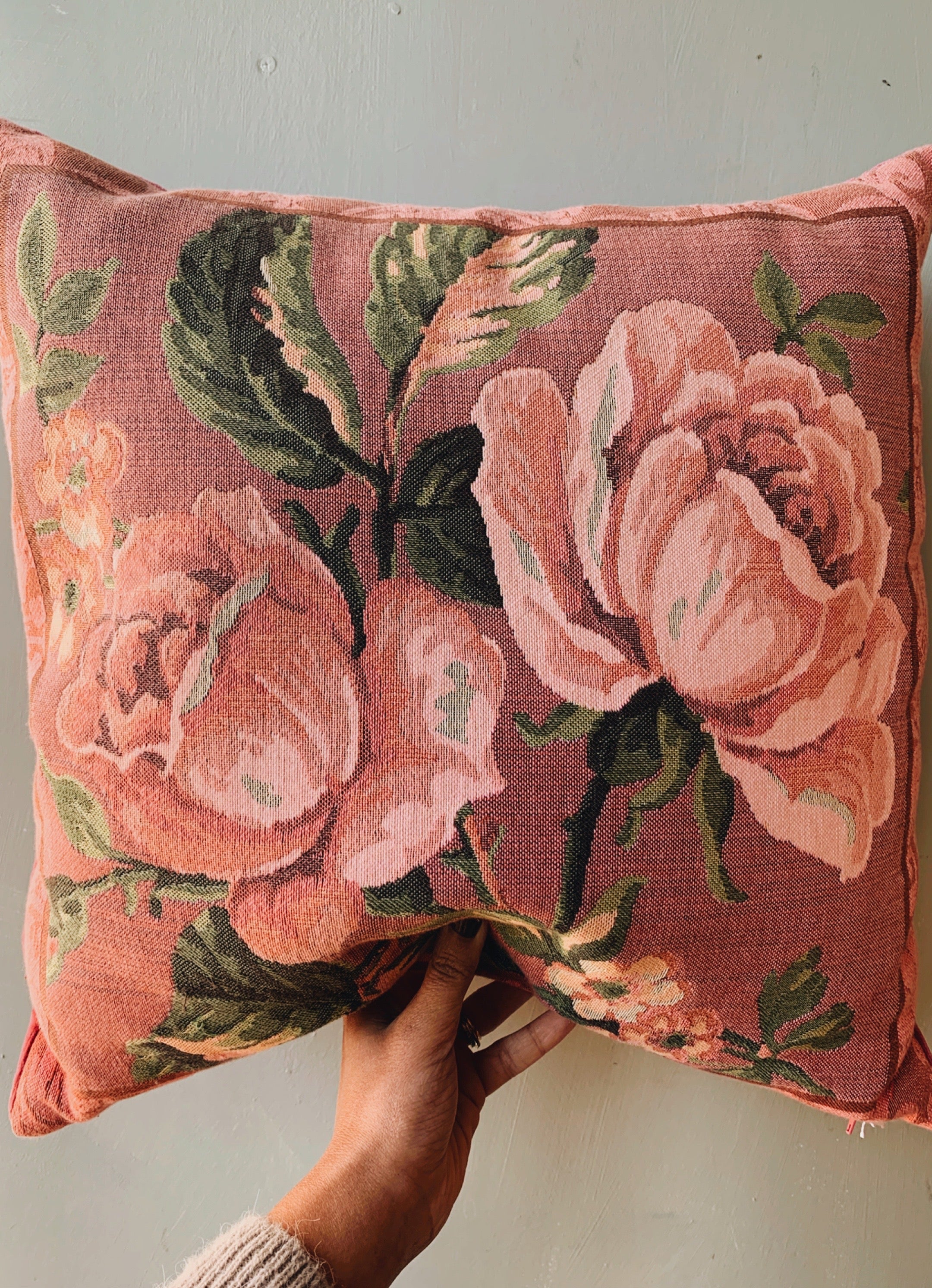 Vintage Pink Rose Tapestry style Cushion UK SHIPPING ONLY Stone Sage
