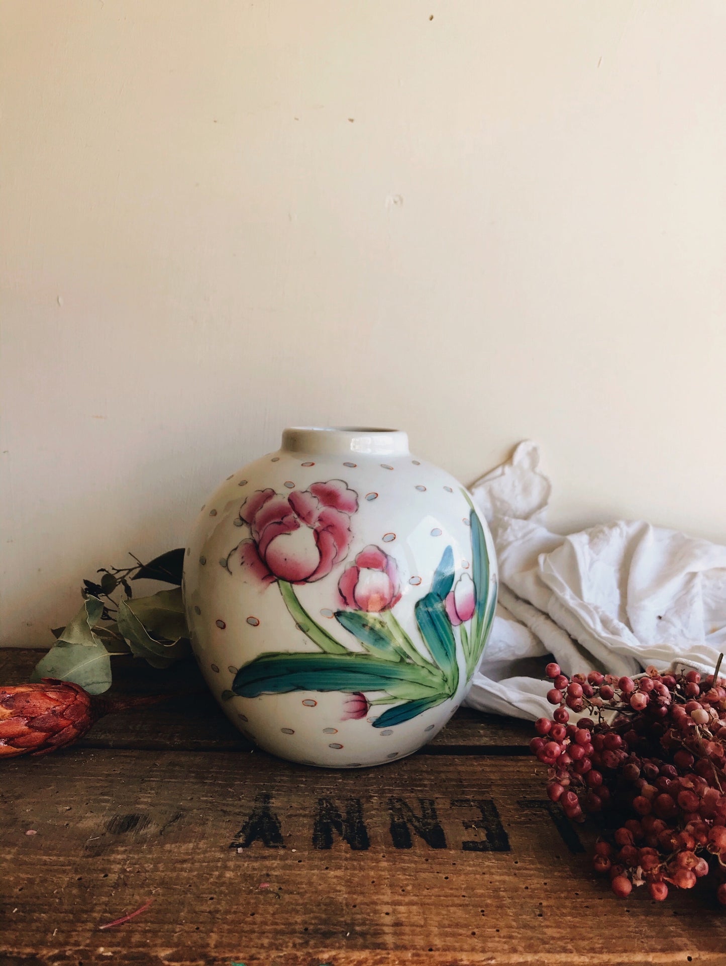 Vintage Hand~painted Pink Floral Ginger Jar