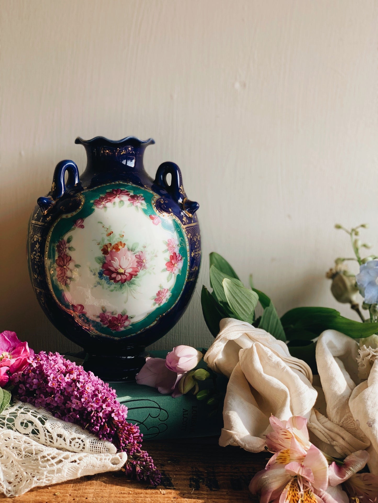 Antique Decorative Three Handled Vase with Gilt Detailing & Florals