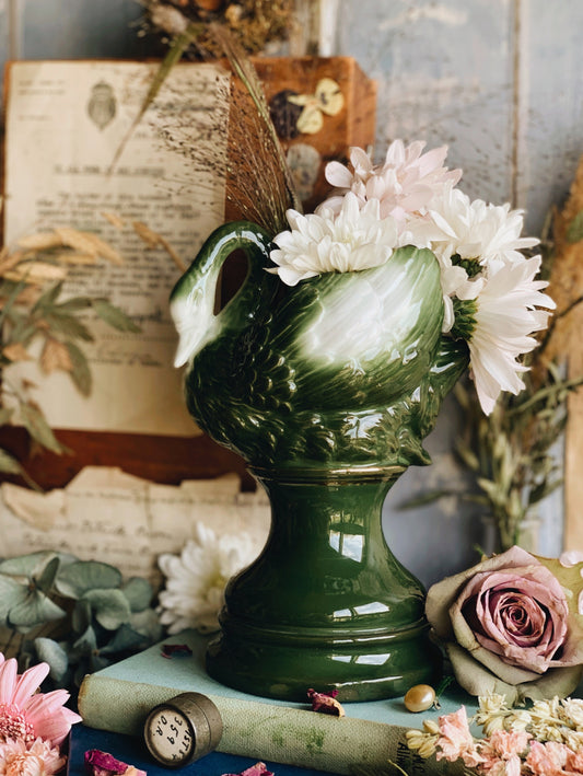 Antique Swan Green Vase with Gilt Detailing
