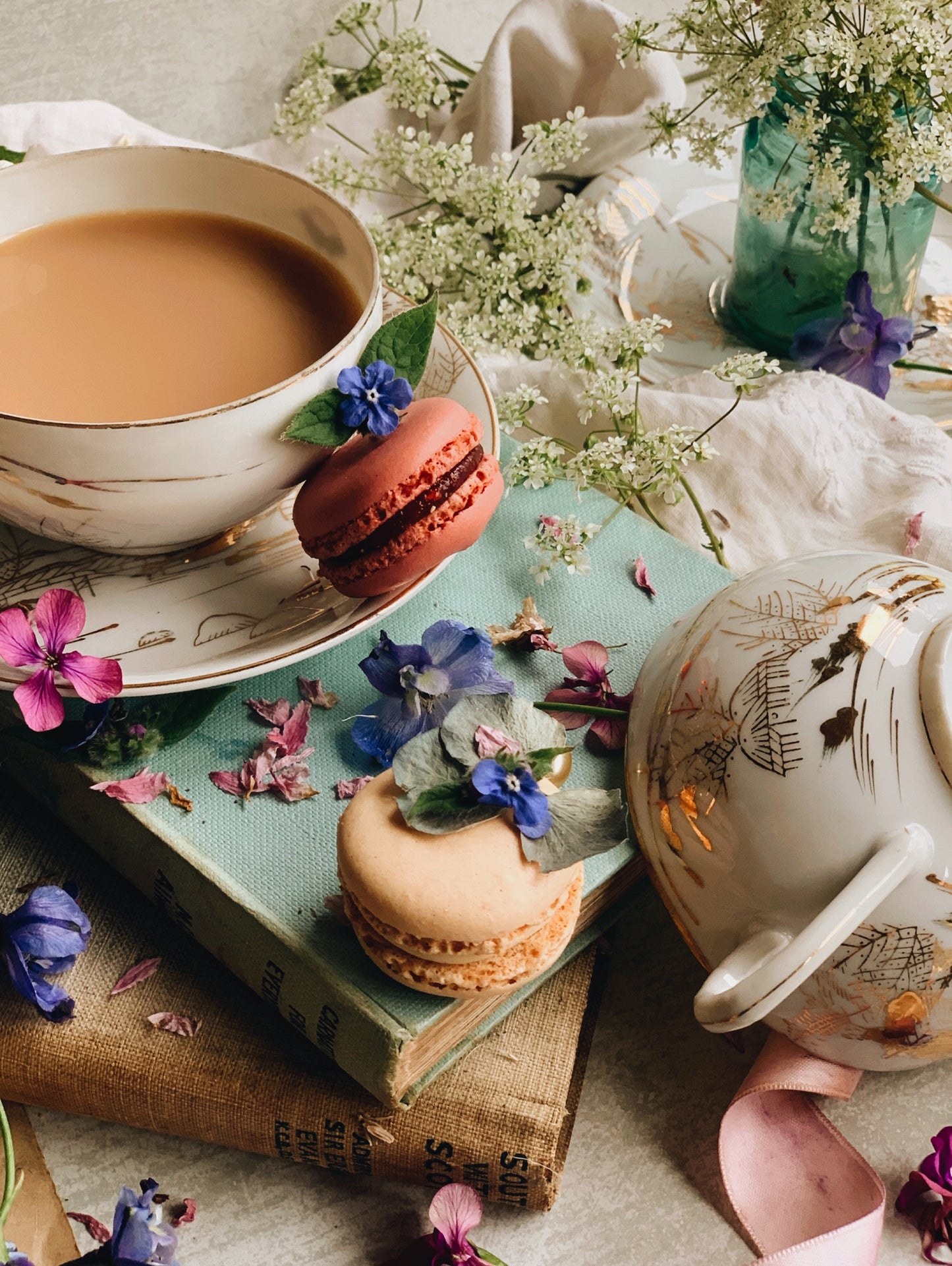 Antique Collectable Kutani China Porcelain Gold Countryside Cup & Saucer with Relief Figurine (signature design) TWO SETS available
