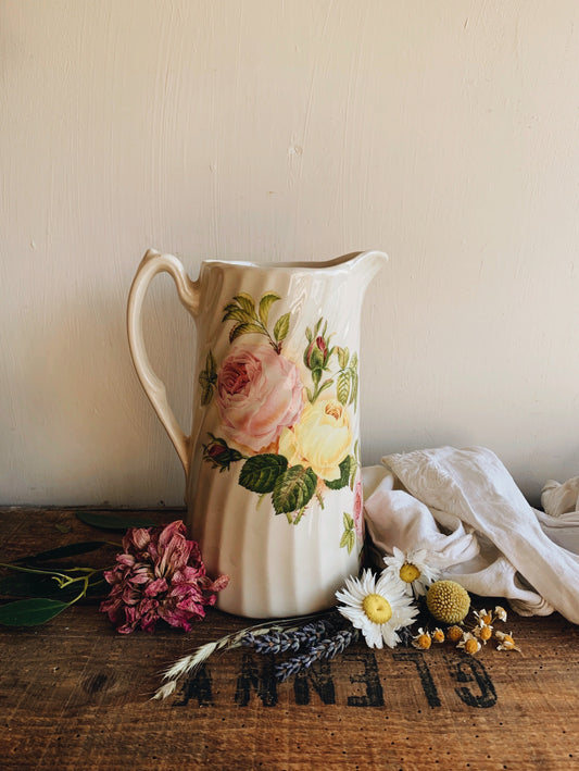Antique Rose Scalloped Ironstone Vase