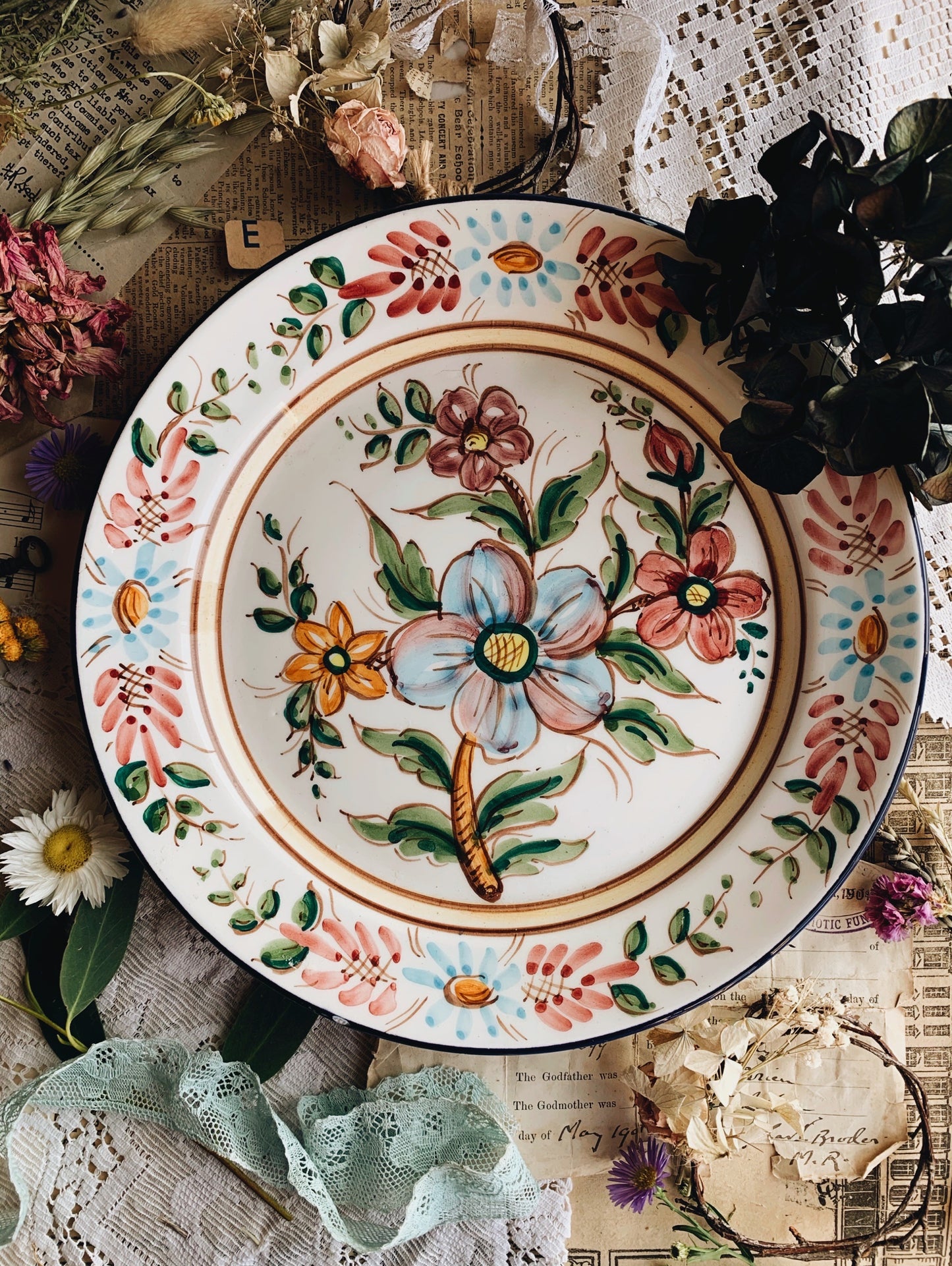 Rustic Hand~painted European Floral Wall Plate