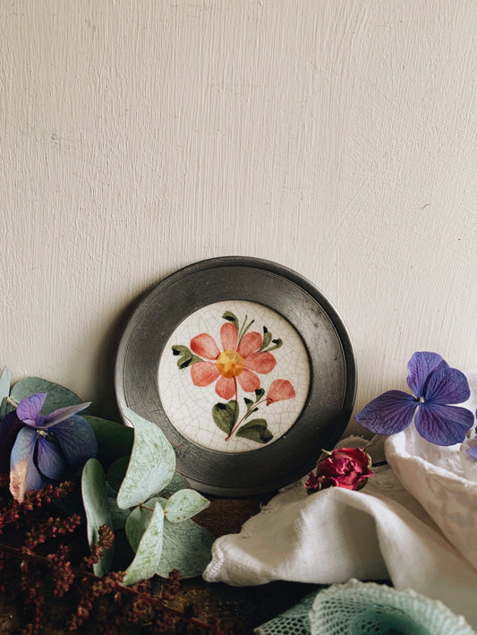 Vintage Decorative Pewter Floral Ceramic Hanging Plate