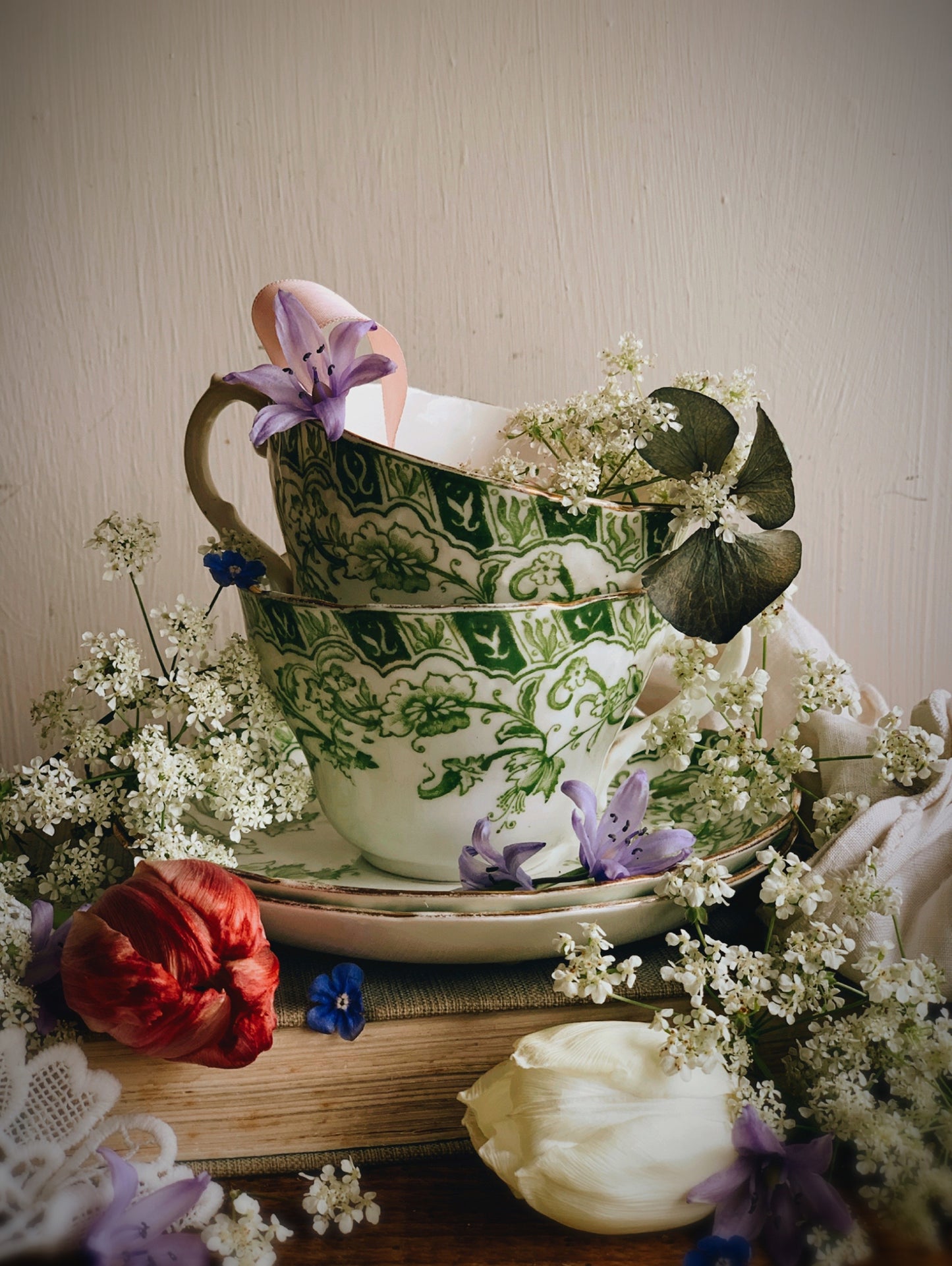 Antique H.J.C.L Green Floral Cup & Saucer (two available)