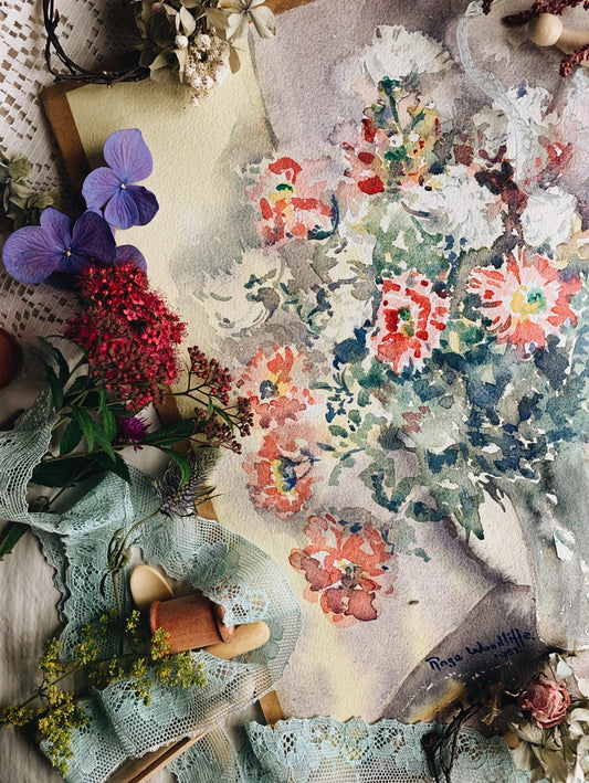 Vintage 1950’s Signed Floral Watercolour Painting