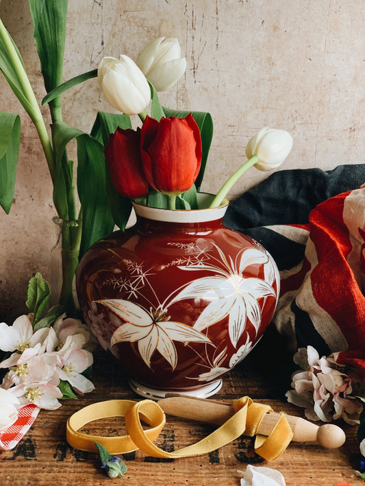 Vintage Red & Gilt Floral Open Ginger Jar