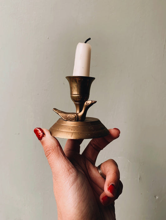 Antique Brass Candle Stick Adorned with Duck