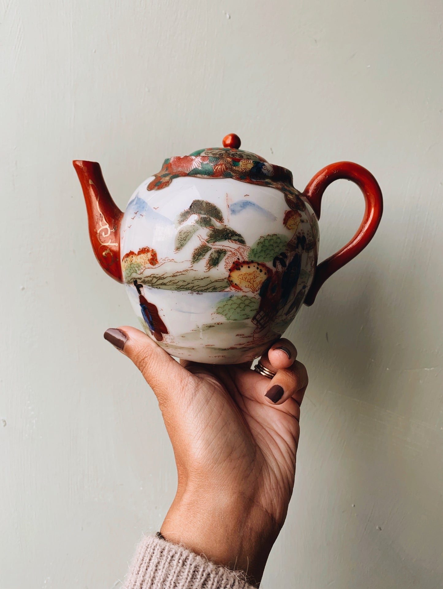 Antique Hand~painted Porcelain Oriental Narrative Tea~pot