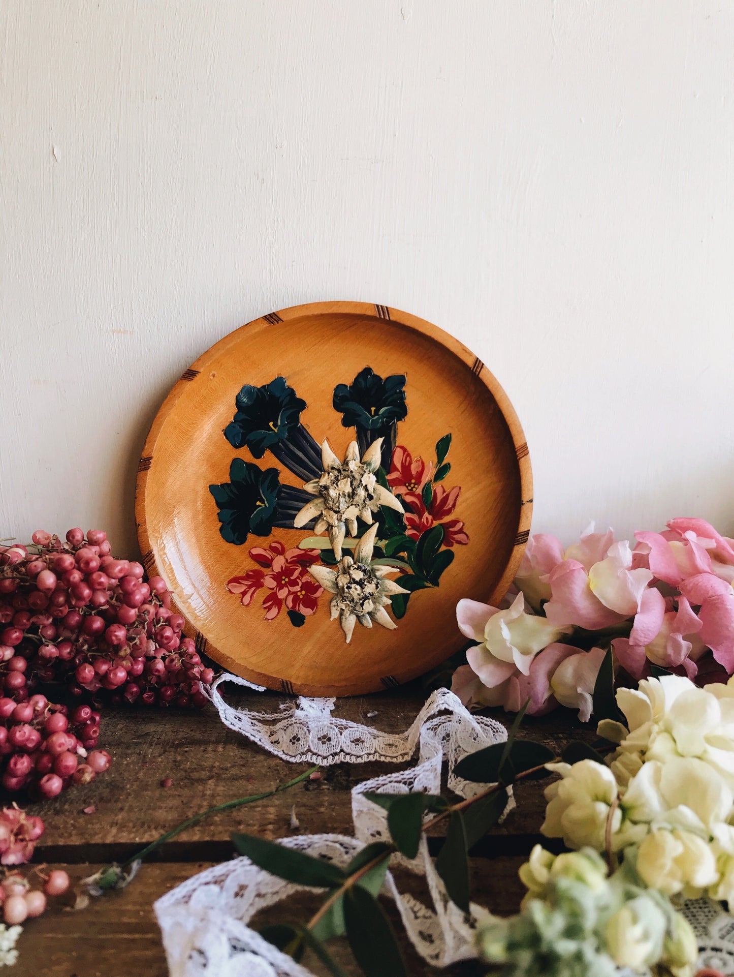 Hand~painted Floral Wooden Dish (artwork hanging)