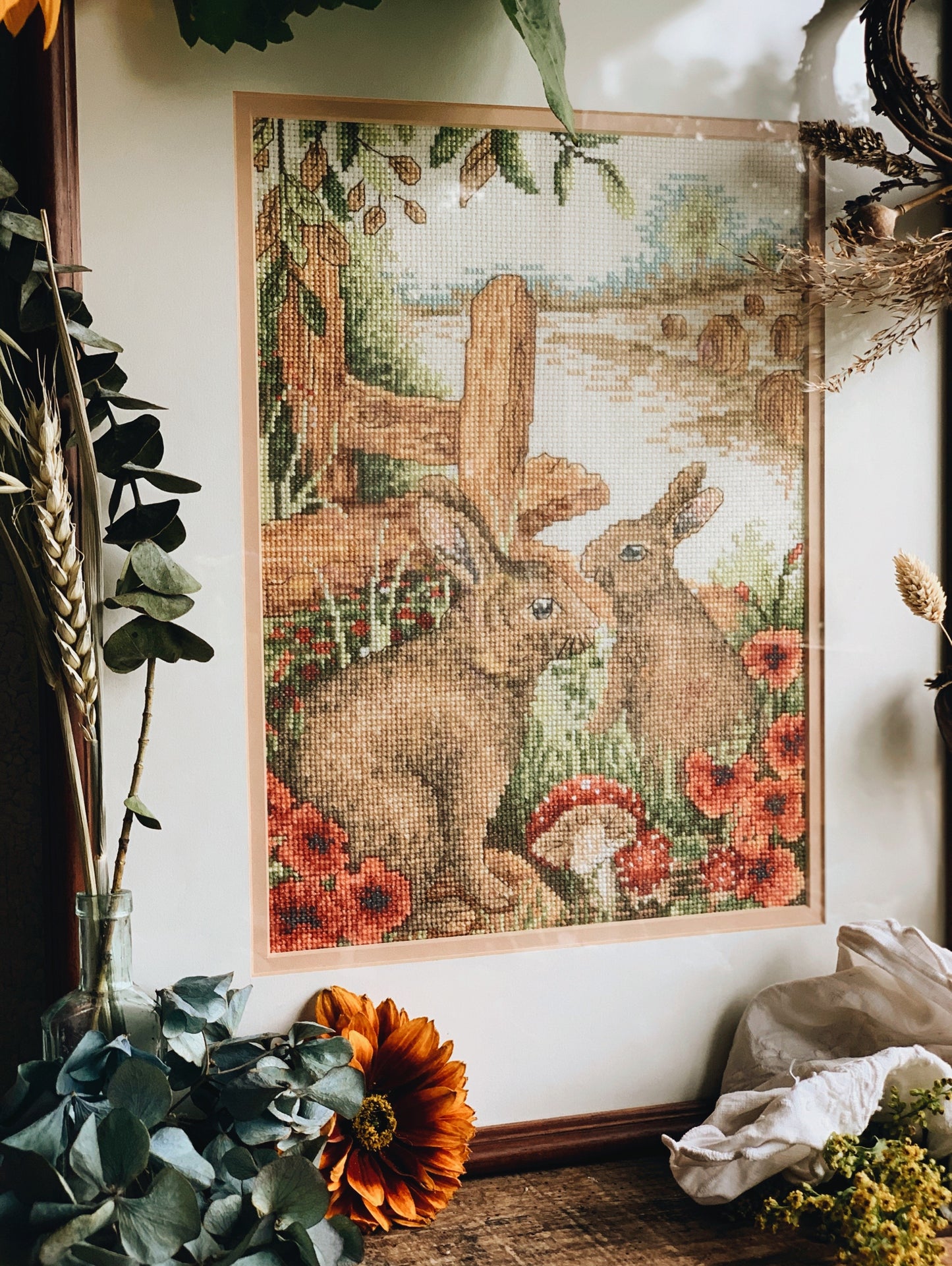 Large Vintage Rabbit Tapestry (needle point)  Framed (UK SHIPPING ONLY)