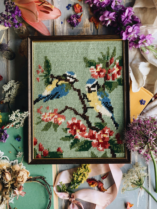 Vintage 1980’s Blue Tit Hand~embroidery Artwork