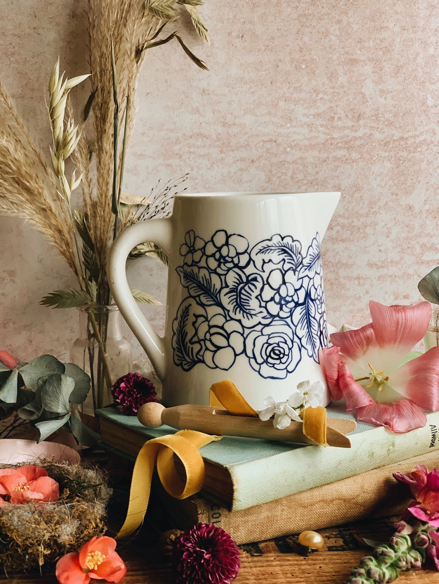 Rustic White Jug with Blue Florals Hand~painted