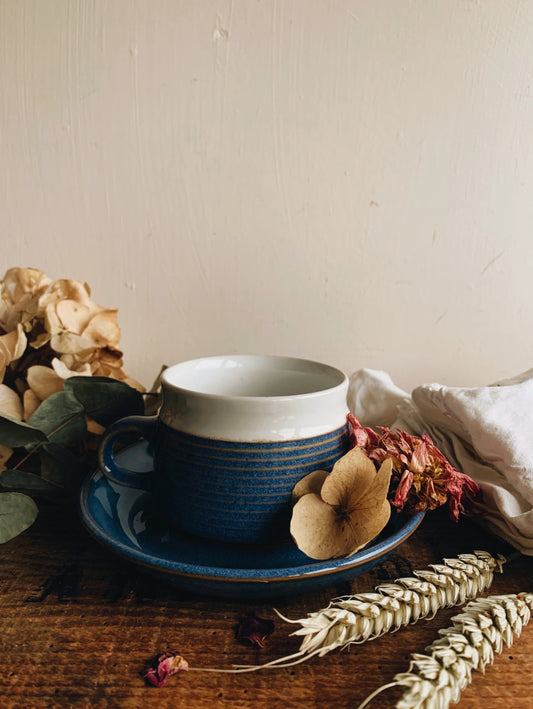 Rustic Ceramic Blue & White Cup and Saucer