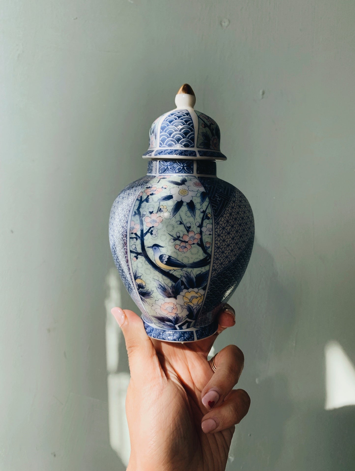 Vintage Blue & Green Floral Bird Ginger Jar