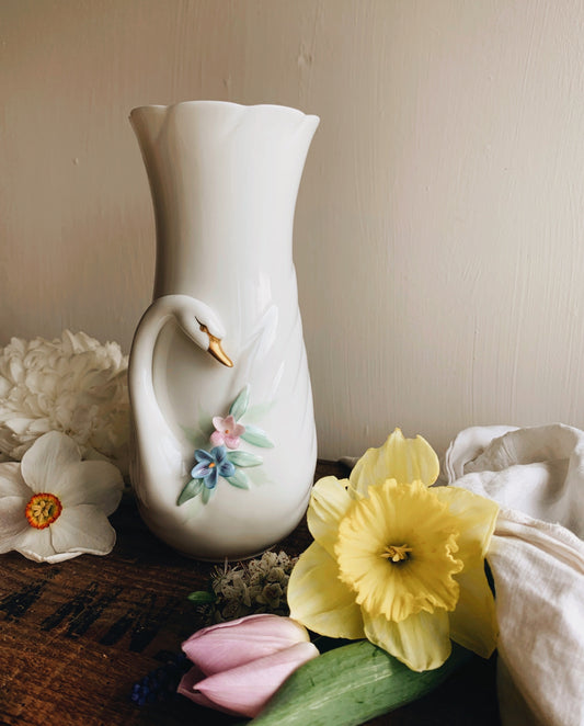 Vintage Floral Swan Vase