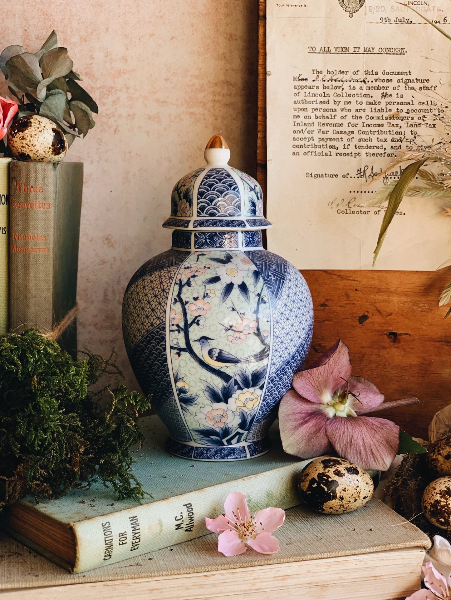 Vintage Blue & Green Floral Bird Ginger Jar