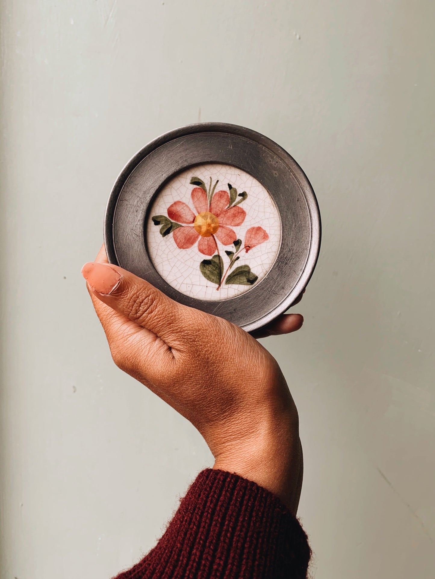 Vintage Decorative Pewter Floral Ceramic Hanging Plate