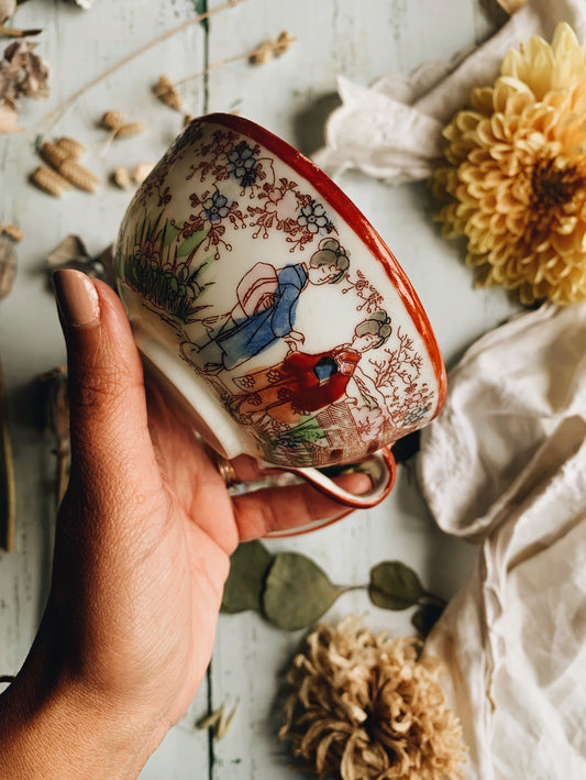 Antique Hand~engraved Fine China Oriental Narrative Cup & Saucer