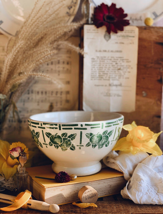 Vintage Large Cafe au Lait Bowl  Le Comptoir de Famille Prim Style Green Transfer