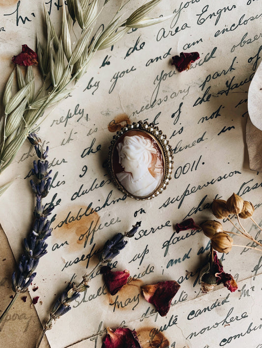 Antique Cameo Lady Brooch with Pearl Detailing