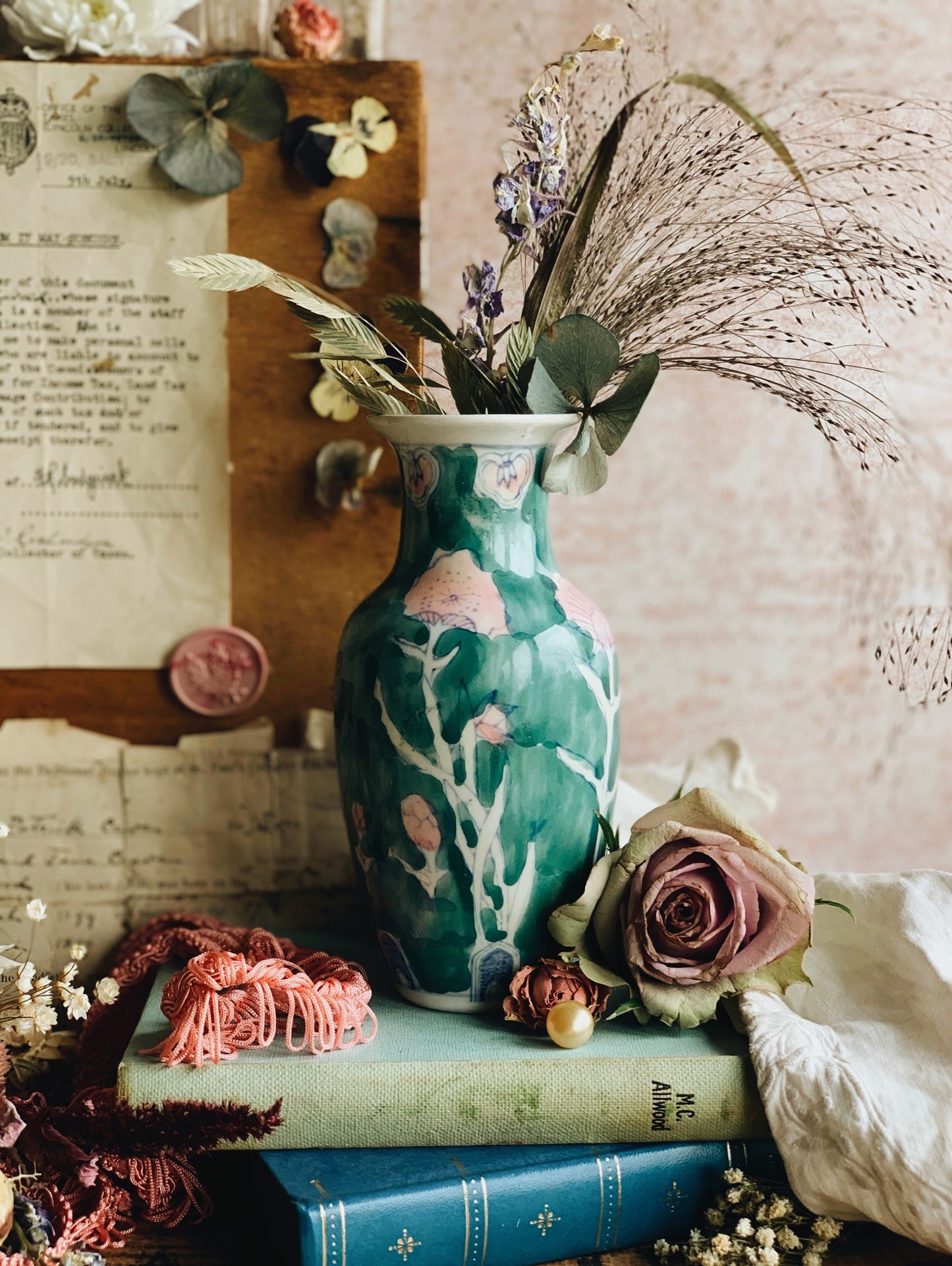 Vintage Green & Pink Floral Oriental Vase