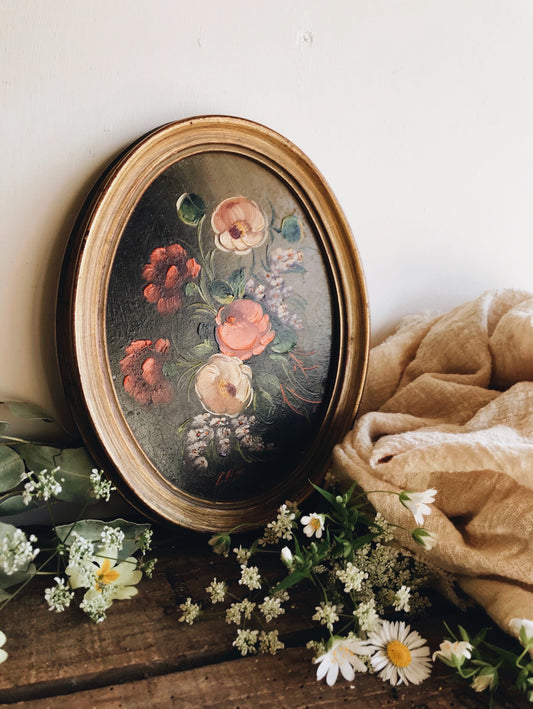Vintage Floral Signed Oil Painting - Stone & Sage 