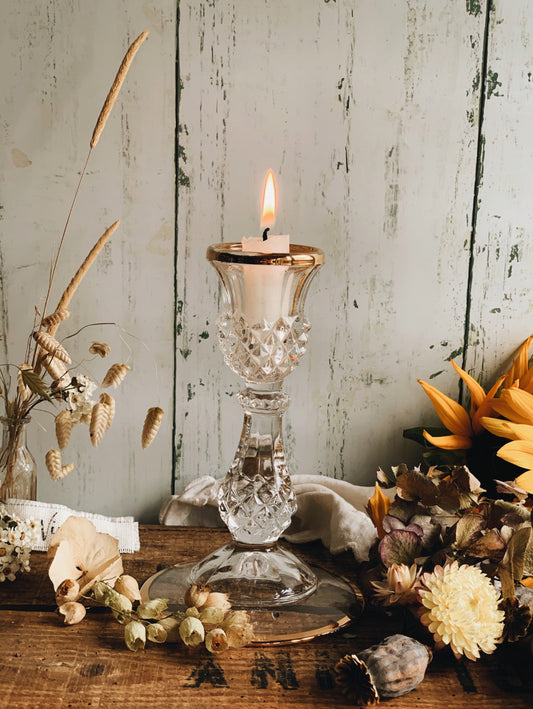 A Set of Vintage Glass & Gilt Detailing Candle Sticks